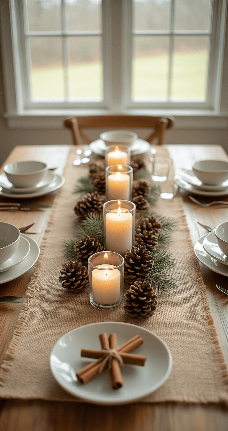 Overhead view of a dining table featuring a burlap table runner adorned with scattered pinecones, cinnamon stick bundles, and battery-operated tea lights in clear glasses, set against a backdrop of a natural wood table and white ceramic dishes, illuminated by late afternoon light casting soft shadows.