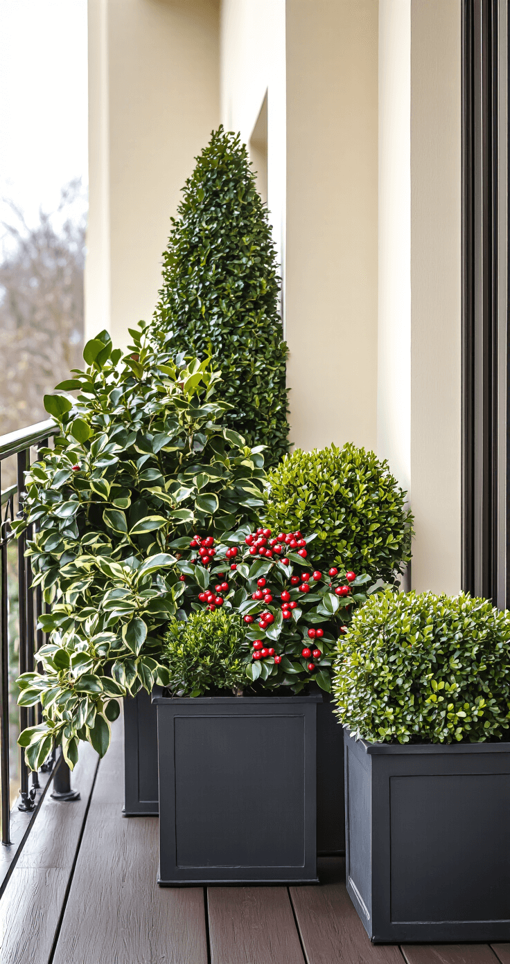 Cinematic wide shot of an elegant balcony with dense evergreen plants in dark metal planters, featuring skimmia bushes with red berries, variegated boxwood, and compact holly, all under soft overcast winter light, highlighting rich greenery against cream-colored walls and dark wood decking.