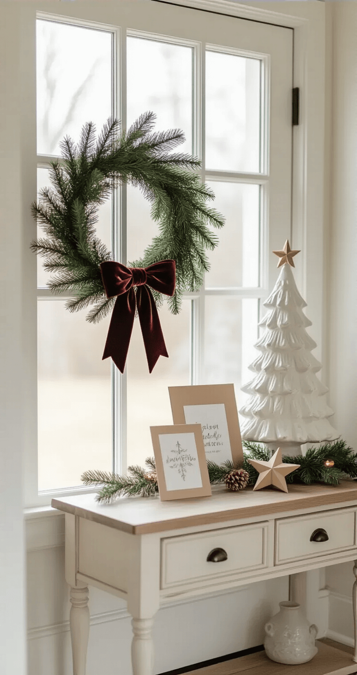 A cozy entryway scene features a white front door adorned with a simple evergreen wreath and a single velvet bow. A console table displays a small white ceramic Christmas tree, a kraft paper star garland, and holiday cards. The warm white and natural wood palette is illuminated by morning light streaming through frosted glass panels. The image is captured at chest height, slightly angled to enhance the welcoming atmosphere.