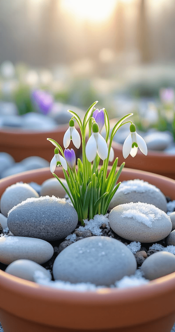 Intimate macro shot of snowdrops and crocuses emerging through frost-covered pebbles in terracotta containers, illuminated by soft dawn light with morning mist enhancing the ethereal atmosphere.