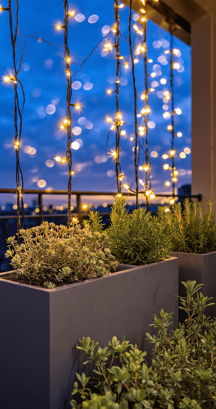 A southern-facing balcony adorned with drought-resistant winter plants like stonecrop, dwarf pine, and rosemary in slate-gray planters, illuminated by warm LED string lights that create bokeh effects against a twilight sky, with a low camera angle highlighting architectural lines and contrasting golden and deep blue hour lighting.