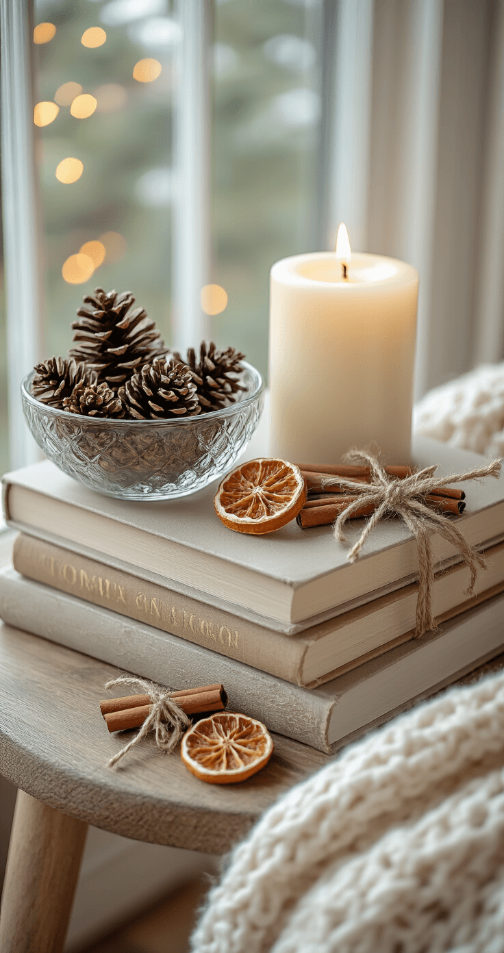Close-up view of a side table styled for the holidays, featuring stacked holiday books, a small glass bowl of pinecones, and a single white pillar candle. Scattered dried citrus ornaments and cinnamon sticks tied with twine add to the festive decor. The scene exudes warm cream, copper, and natural textures illuminated by soft afternoon light, creating a cozy reading nook atmosphere.