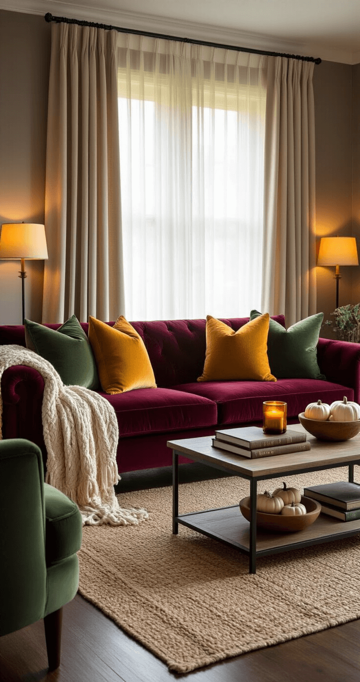 A cozy living room with a burgundy velvet sofa and richly textured pillows, illuminated by golden hour light through sheer curtains, featuring warm gray walls, dark hardwood floors, and a stylish coffee table with decorative items.