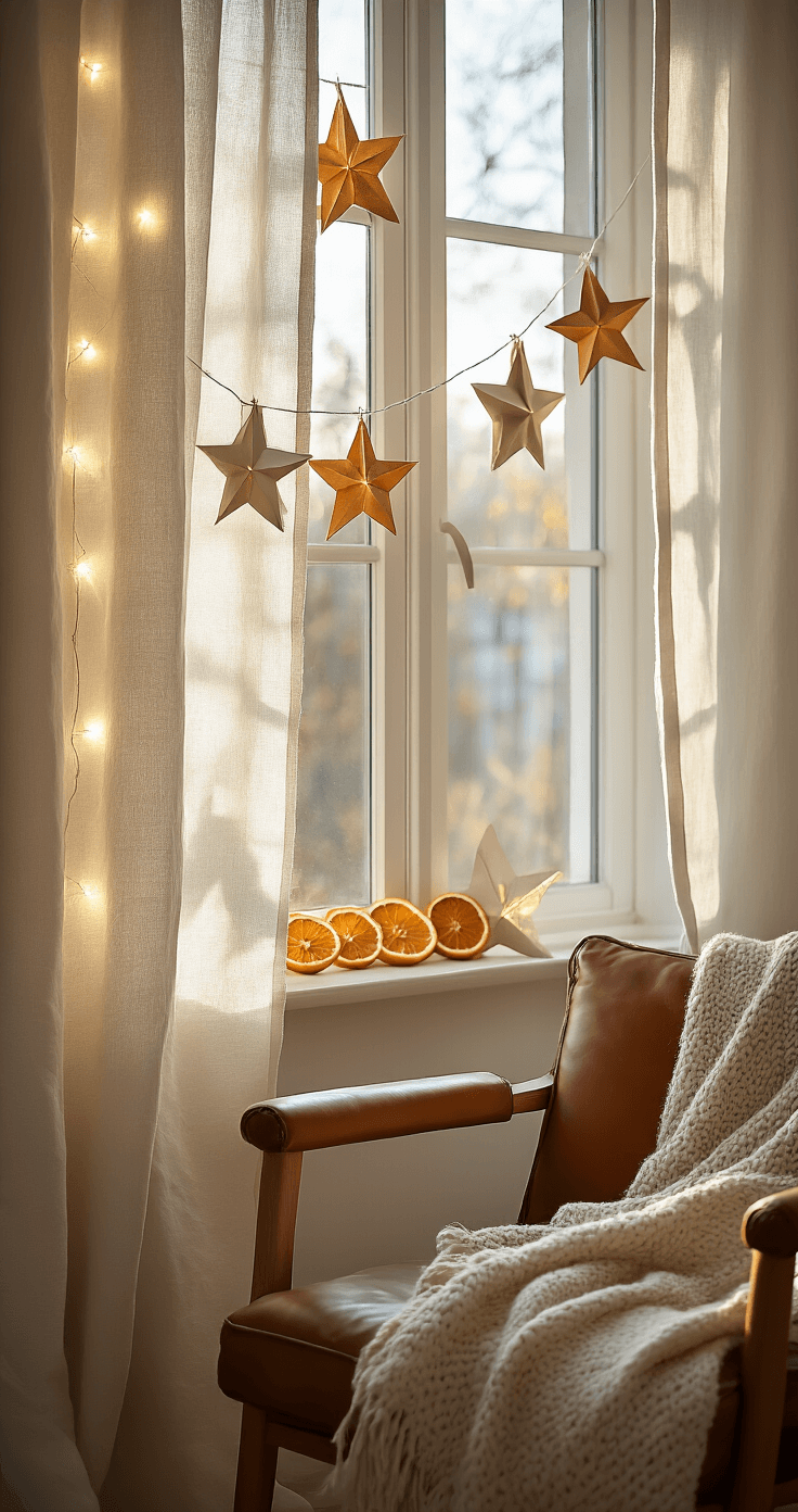 A cozy living room corner with a handmade paper star garland along the window frame, soft string lights, natural linen curtains, a vintage leather chair, and a wool throw blanket. Dried orange slices catch the golden hour sunlight, while kraft paper stars create geometric shadows, all captured from a seated angle to highlight the peaceful morning atmosphere.