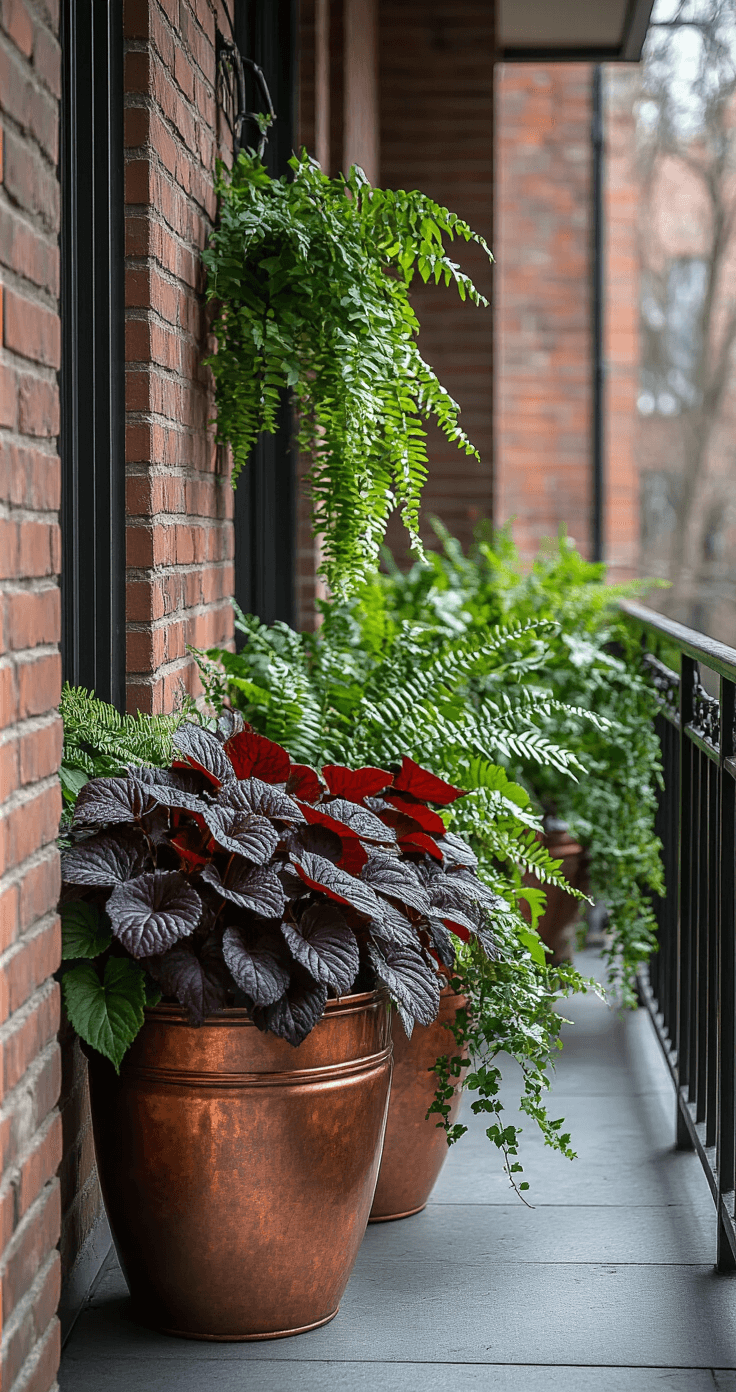 Moody photograph of a northern balcony featuring shade-loving winter plants in copper-patina containers, including burgundy Bergenia leaves, trailing ivy, and dormant ferns, with soft diffused light casting gentle shadows against weathered brick walls and dark metal railings.
