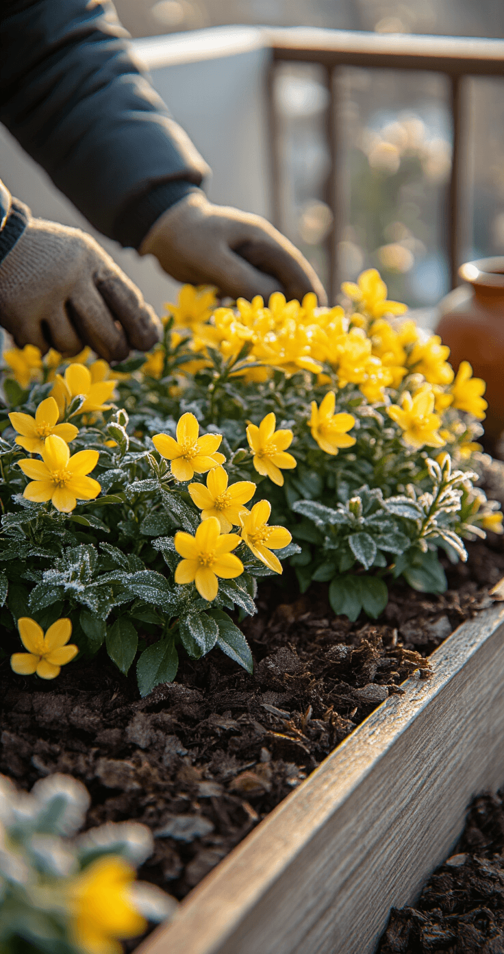 Close-up of gloved hands arranging mulch around winter jasmine in a rustic wooden planter, with morning frost on tools and ceramic surfaces, illuminated by warm light.