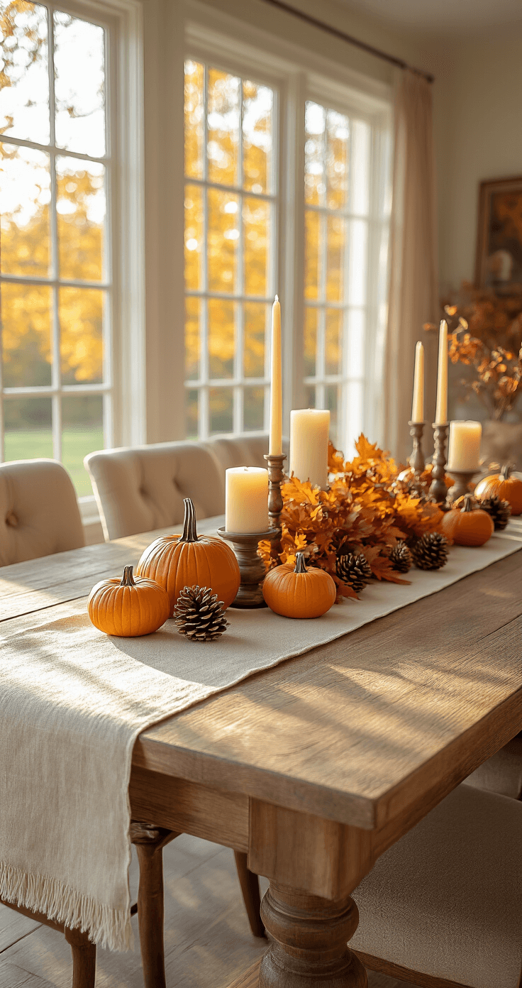 Transform Your Dining Space: Fall Table Decor That'll Make Your Guests Want to Linger Photorealistic image of an elegant dining room table adorned with layered fall decor in warm afternoon sunlight. The rustic linen table runner in cream and burnt orange complements the wooden table and six upholstered chairs. Decor includes mini pumpkins, pillar candles, and pinecones, with a rich burgundy and gold color palette, creating an inviting autumn atmosphere.