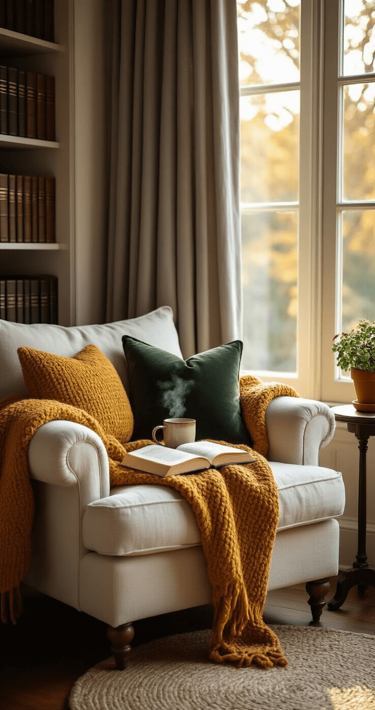 Close-up of a cozy reading nook featuring a cream linen armchair, mustard yellow throw, and forest green pillow. A dark walnut side table holds a steaming mug, an open book, and a potted mum. Natural light filters through a floor-to-ceiling window with gray curtains, illuminating aged hardwood floors and a jute rug. A built-in bookshelf filled with leather volumes is visible in the background.