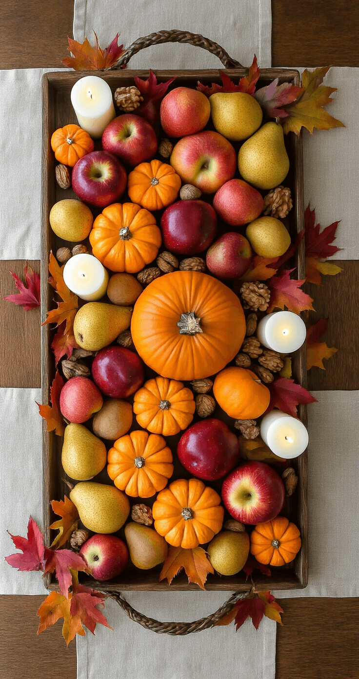 Transform Your Dining Space: Fall Table Decor That'll Make Your Guests Want to Linger Overhead view of a farmhouse dining table adorned with a harvest centerpiece featuring seasonal fruits, orange pumpkins, walnuts, acorns, and white pillar candles, all illuminated by soft morning light and framed by neutral linen placemats.