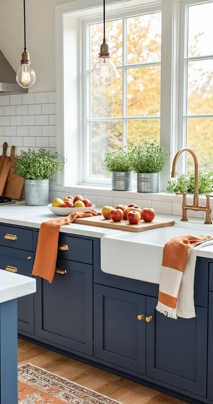 Medium shot of a modern kitchen island styled for autumn, featuring white marble countertops, navy blue cabinetry, and brass hardware. The scene includes a wooden cutting board with Honeycrisp apples and Bosc pears, burnt orange and sage green linen dish towels hanging from the oven, small potted herbs in galvanized metal containers on the windowsill, a subway tile backsplash, pendant lights with Edison bulbs, hardwood floors, and a vintage runner in muted fall colors.