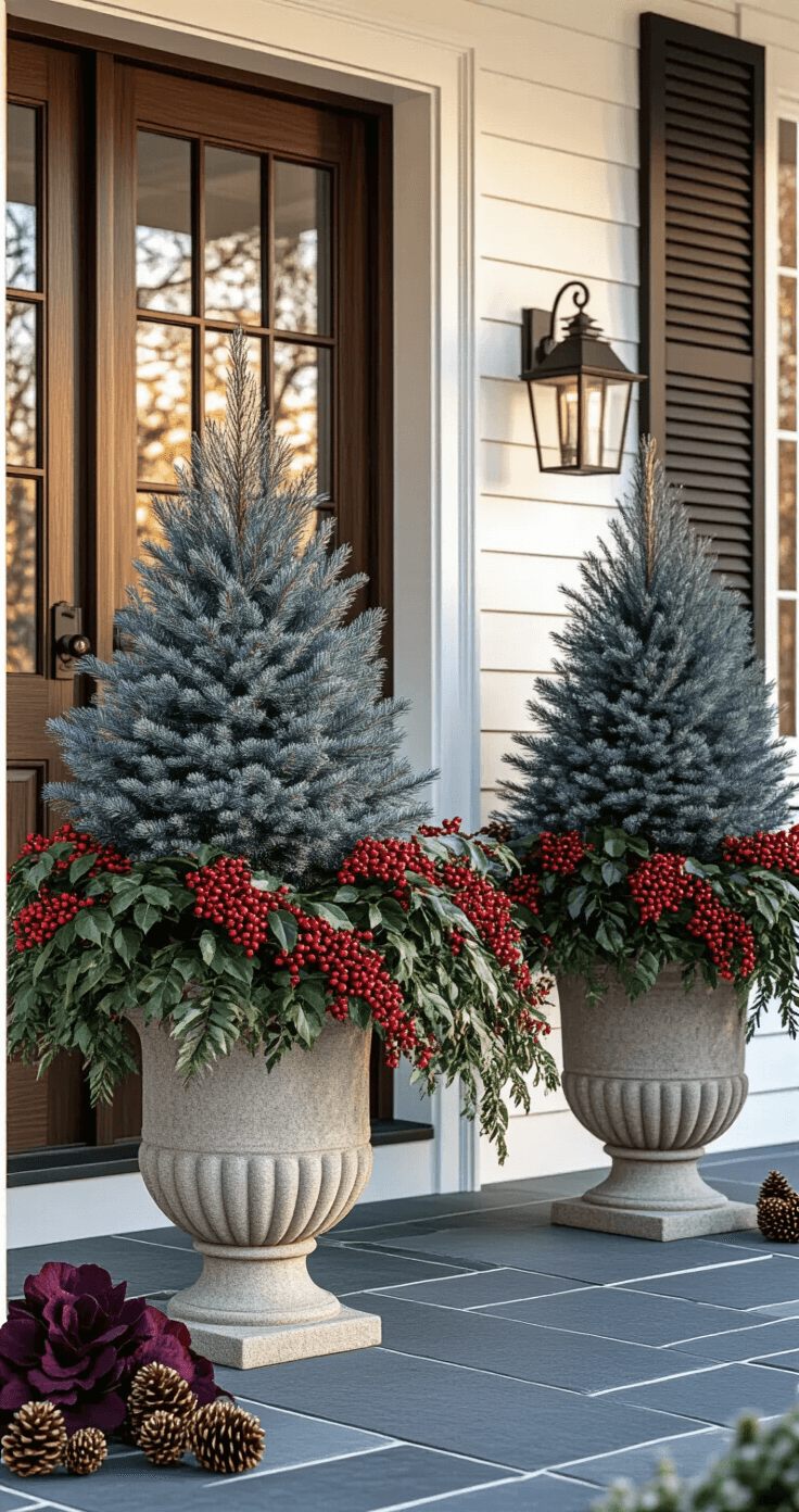 A photorealistic winter front porch featuring weathered stone planters filled with blue spruce branches and winterberry holly, flanking mahogany double doors. The scene is illuminated by golden hour lighting, highlighting the charcoal slate flooring and the traditional colonial home's white trim and black shutters. Natural pine cones and frost-kissed ornamental cabbage enhance the festive ambiance. Capture taken at eye level, showcasing depth and architectural details with soft directional lighting.