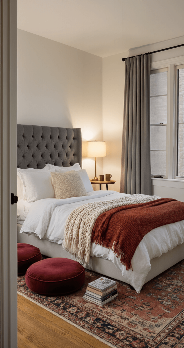 Wide shot of a cozy bedroom corner in the evening, featuring a tufted gray linen headboard, layered white bedding with cream and rust-colored throws, and burgundy velvet floor cushions by tall windows with warm gray blackout curtains. A small round side table holds a brass lamp, a ceramic mug, and a stack of books, while reclaimed wood floors are adorned with a vintage Persian rug. String lights are draped along the window frame, creating a warm and inviting atmosphere.