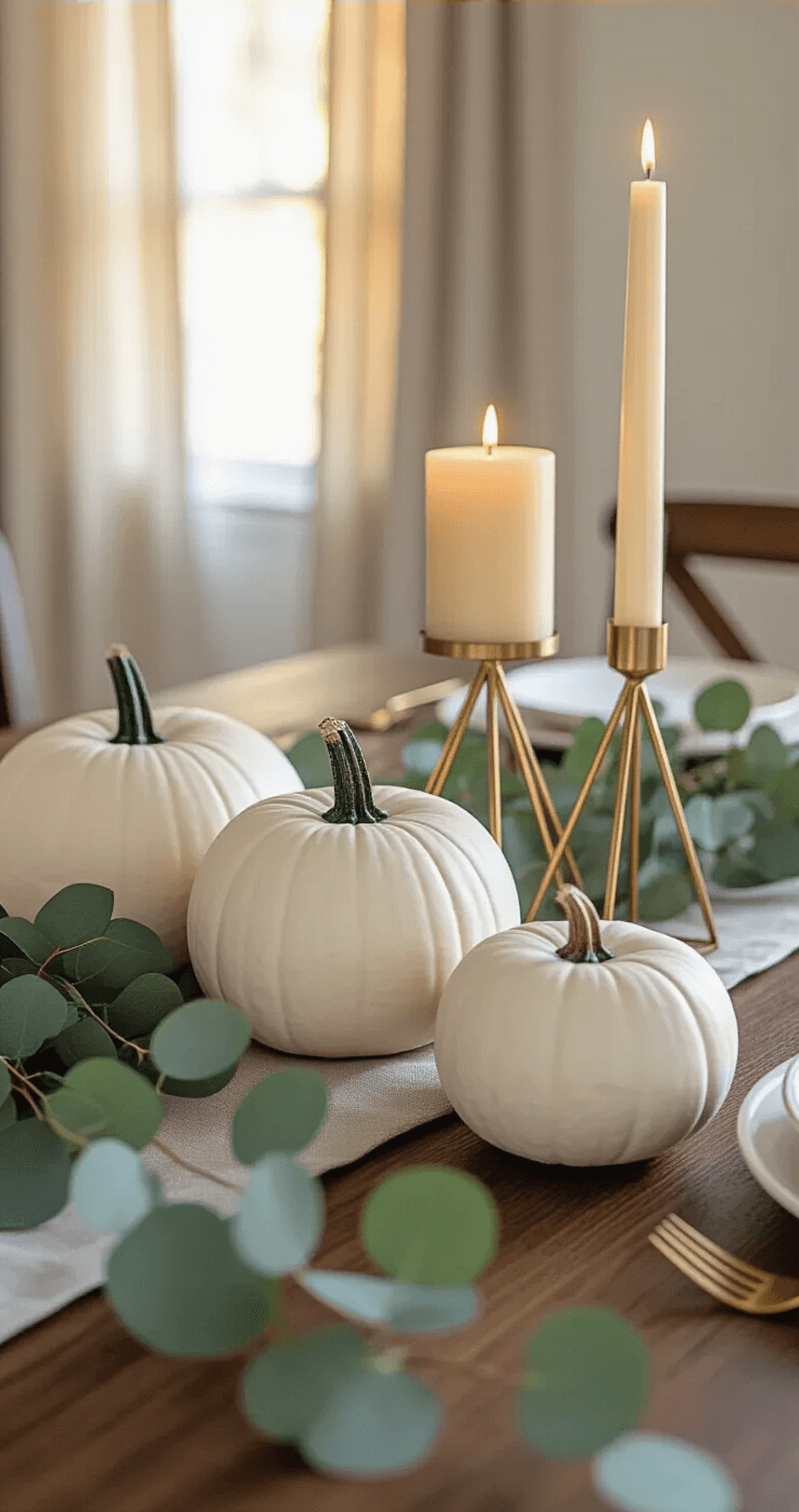 Transform Your Dining Space: Fall Table Decor That'll Make Your Guests Want to Linger Intimate close-up of a modern minimalist fall table setting featuring three white pumpkins, geometric brass candle holders with cream candles, and eucalyptus greenery on a dark walnut dining table, accented by a soft gray linen runner in warm golden hour lighting.