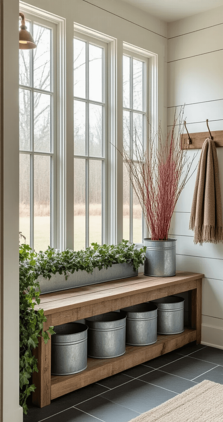 Wide-angle view of a cozy mudroom featuring a reclaimed barn wood bench, galvanized metal winter containers, and tall casement windows. Dramatic red twig dogwood stems, trailing English ivy, and white ornamental kale rosettes are artfully arranged. Soft morning light filters through frost-etched glass, highlighting cream shiplap walls and charcoal tile floors, with vintage brass hooks displaying wool scarves.