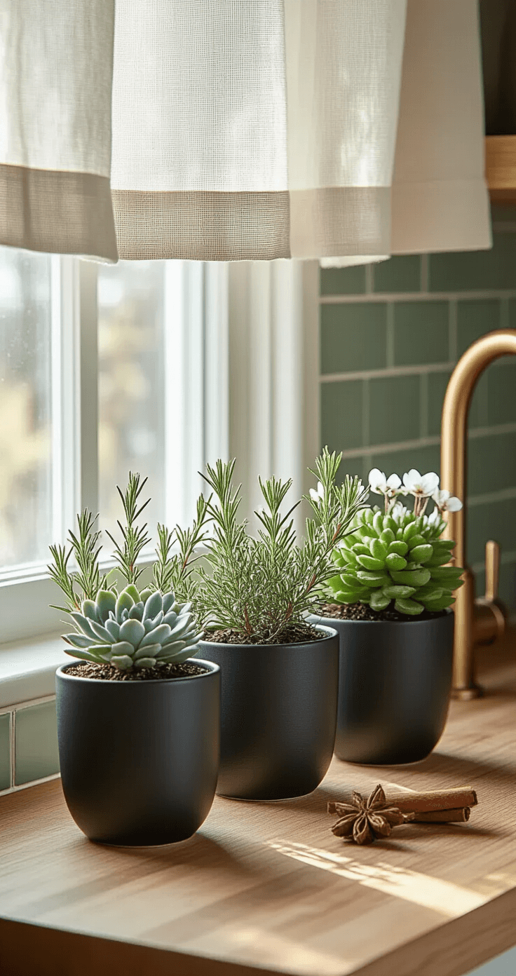 Intimate kitchen windowsill scene featuring matte black ceramic pots with miniature winter gardens, including rosemary, silver-dusted succulents, and tiny white cyclamen, softly illuminated by afternoon light filtering through linen curtains, with a sage green subway tile backsplash and brass faucet, accented by scattered pine needles and cinnamon sticks.