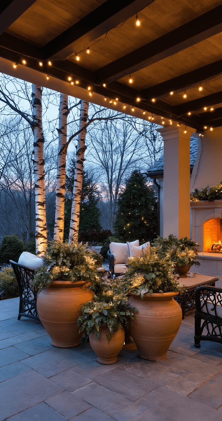 A sophisticated winter-themed covered patio featuring oversized terracotta urns with architectural plantings, towering birch branches, and variegated holly, set on bluestone pavers. String lights provide a warm glow against the twilight sky, illuminating wrought iron furniture with cream cushions and a crackling outdoor fireplace, all captured from an elevated angle to showcase the scene's depth and rich textures.