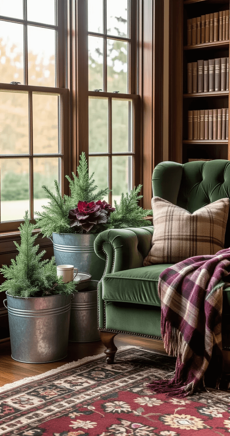 Cozy reading nook featuring vintage galvanized buckets as winter planters beside a tufted forest green velvet armchair, adorned with feathery juniper, burgundy cabbage, and cascading ivy. Late afternoon sunlight streams through tall windows, illuminating mahogany bookcases, a plaid throw, and a steaming mug on a side table, all bathed in warm, golden-hour light.