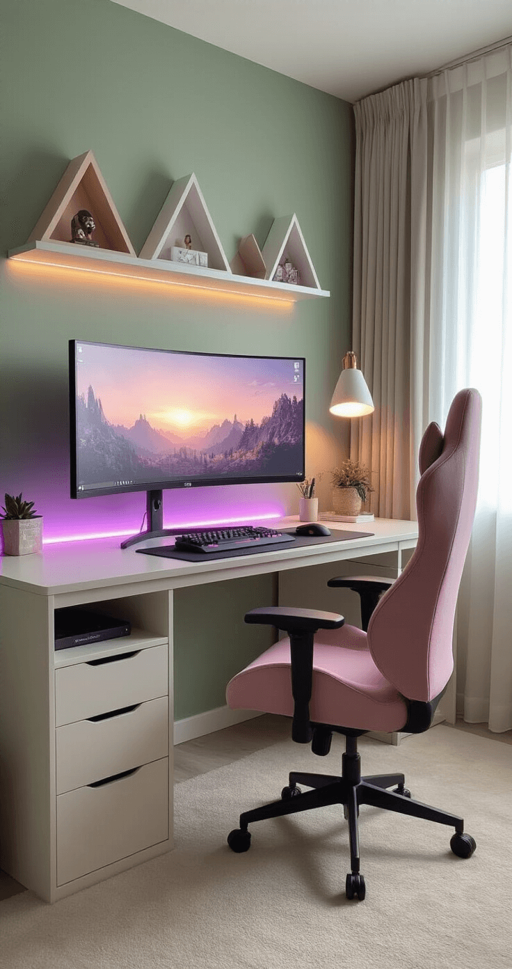 A cozy gaming corner featuring a curved monitor on a floating desk against a sage green wall, with a dusty rose pink ergonomic chair angled at 45 degrees. Ambient purple LED lighting illuminates the area, showcasing collectibles on triangular floating shelves. A soft cream carpet anchors the space, complemented by an adjustable desk lamp and warm late afternoon light filtering through sheer curtains. The scene is captured from doorway height, highlighting a harmonious blend of natural and artificial lighting.