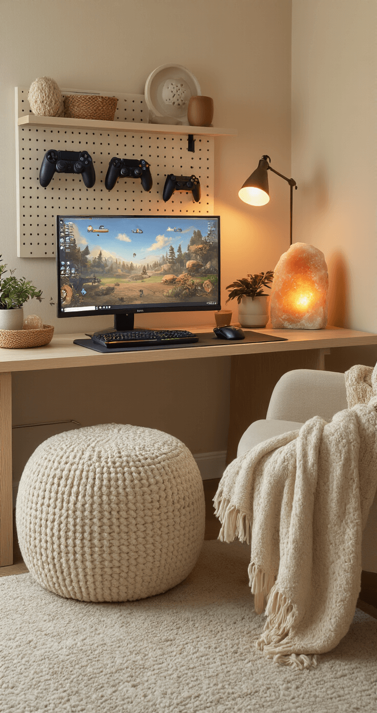 Cozy gaming setup with an eye-level perspective, featuring a monitor showing vibrant game content, a cream and beige color scheme, a boucle mushroom ottoman, a pegboard wall with organized controllers, adjustable smart bulb lighting, a textured throw on a chair, and a warm ambient glow from a Himalayan salt lamp.