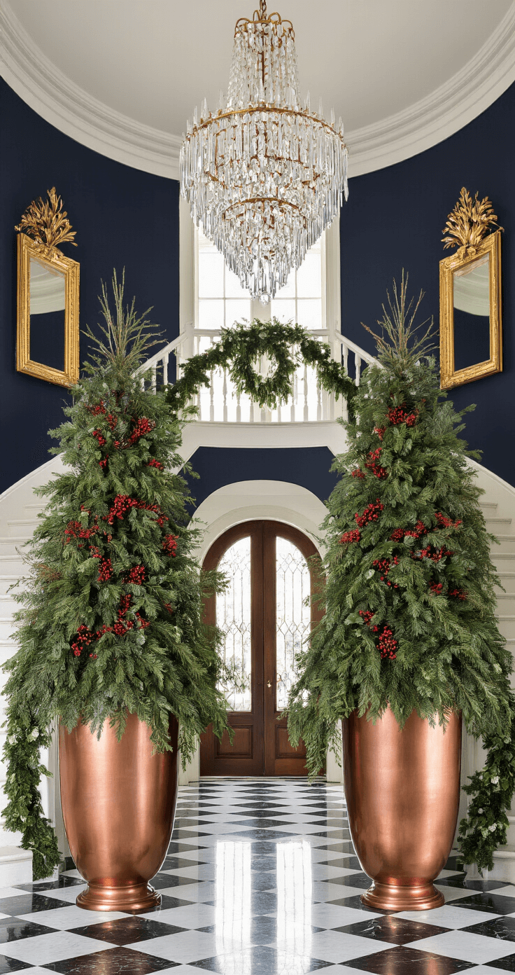 Dramatic entryway foyer featuring copper planters with evergreen arrangements, a curved staircase draped with fresh garland, and a crystal chandelier illuminating marble checkerboard flooring, all set against deep navy walls and gold-framed mirrors, creating a luxurious winter atmosphere.