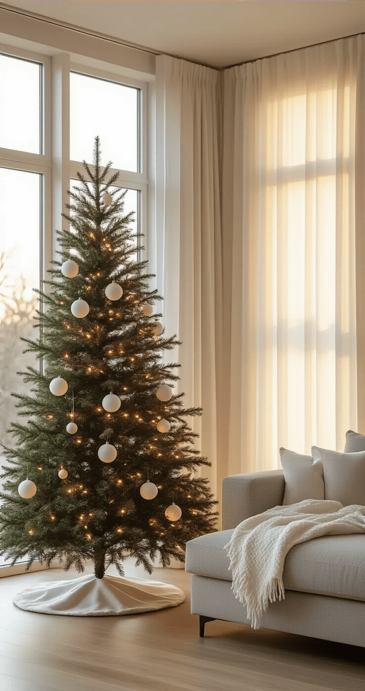 The Minimalist Christmas Tree That Will Transform Your Holiday Decor (Without the Chaos) A modern living room during golden hour featuring a 6-foot Fraser fir Christmas tree with white matte ornaments and warm LED lights, positioned beside large windows with sheer curtains. The tree sits in a wooden collar on polished hardwood floors, against neutral beige walls and accompanied by a contemporary gray sectional sofa and white wool throw blankets, all bathed in soft natural light.