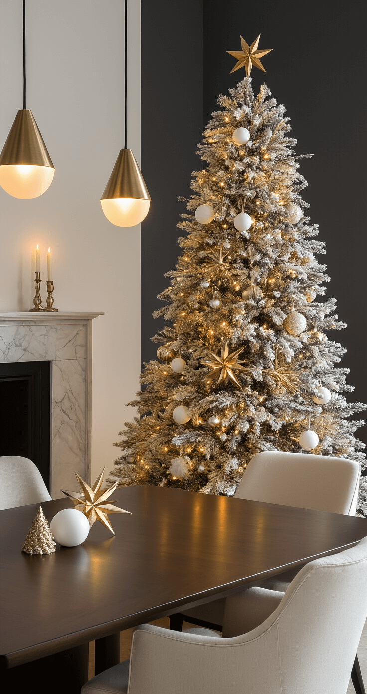 The Minimalist Christmas Tree That Will Transform Your Holiday Decor (Without the Chaos) Medium shot of an elegant dining room at dusk featuring a 5-foot Noble fir tree adorned in white and gold, with geometric gold star ornaments and white ceramic spheres. Warm pendant lights illuminate the dark walnut dining table and cream upholstered chairs against a rich charcoal accent wall, with a marble fireplace in the background, creating a mood of luxurious minimalism and cozy holiday warmth.