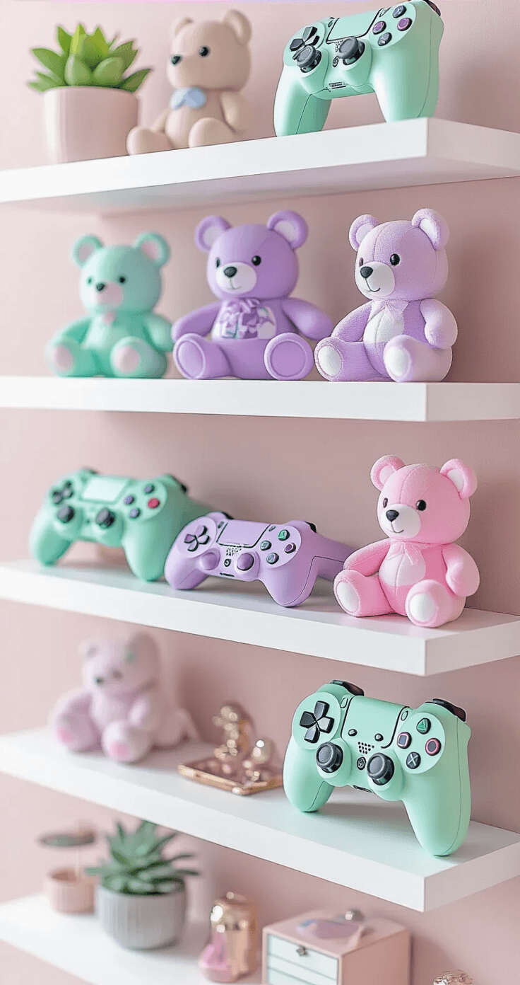 Close-up detail of a styled floating shelf featuring an odd-numbered arrangement of gaming figurines in mint green, lavender, and soft pink. Mixed textures include smooth controllers, plush characters, and metallic accessories, arranged using the triangle rule for visual depth. Layered placement adds interest, with soft LED backlighting highlighting individual pieces against clean white shelves and a pastel wall.