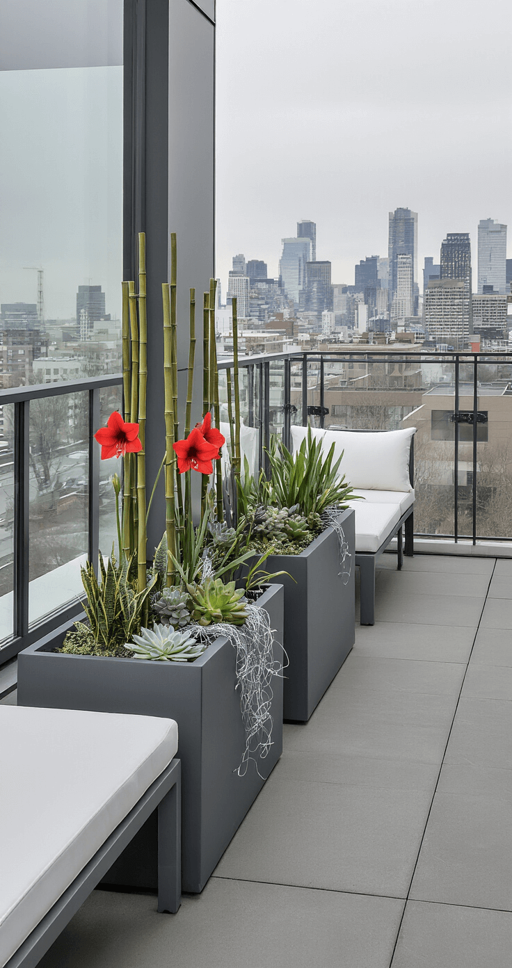 A modern minimalist balcony featuring charcoal gray fiberglass planters with winter arrangements, including bamboo stakes, succulent clusters, and red amaryllis stems, against a city skyline. The space has concrete flooring and steel furniture with white cushions, all under an overcast sky. The scene highlights clean lines and strategic color placement in cool-toned natural lighting.