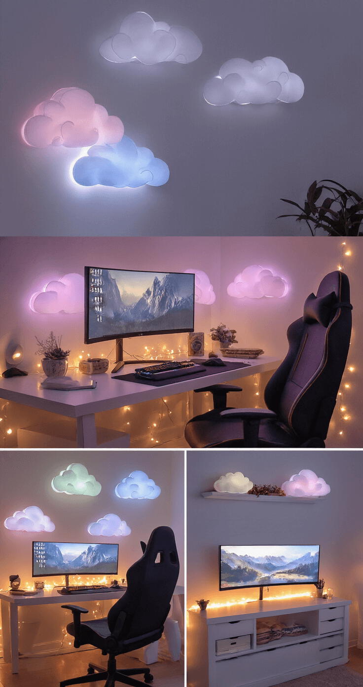 Ambient gaming space featuring polyfill cloud light fixtures with LED strips, fairy lights behind the monitor, and strategically layered illumination in soft pastels, creating a cozy atmosphere without glare.