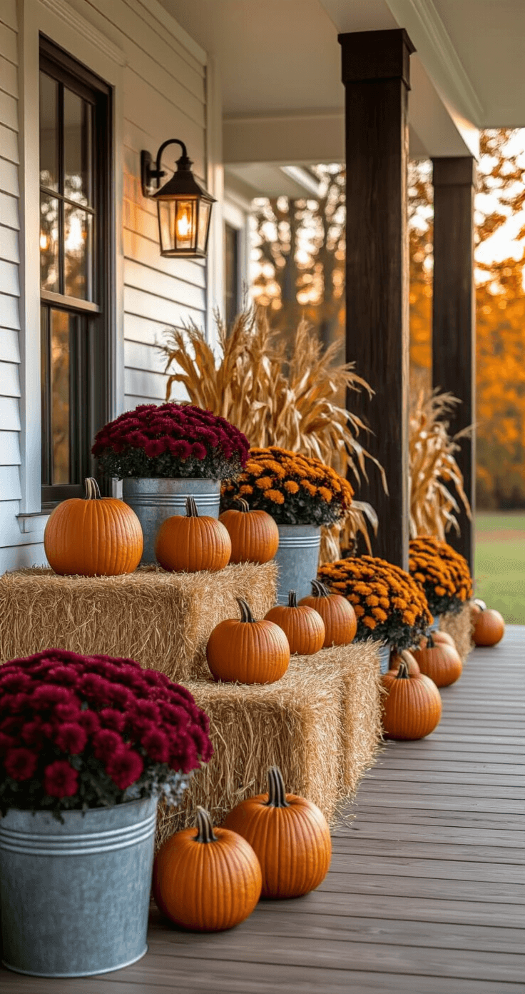 A spacious front porch at golden hour, adorned with tiered hay bales and orange heirloom pumpkins, burgundy chrysanthemums in galvanized planters, and dried cornstalks by dark wood columns. String lights cast a warm glow on rustic wood flooring, showcasing a deep autumn palette against white farmhouse siding.