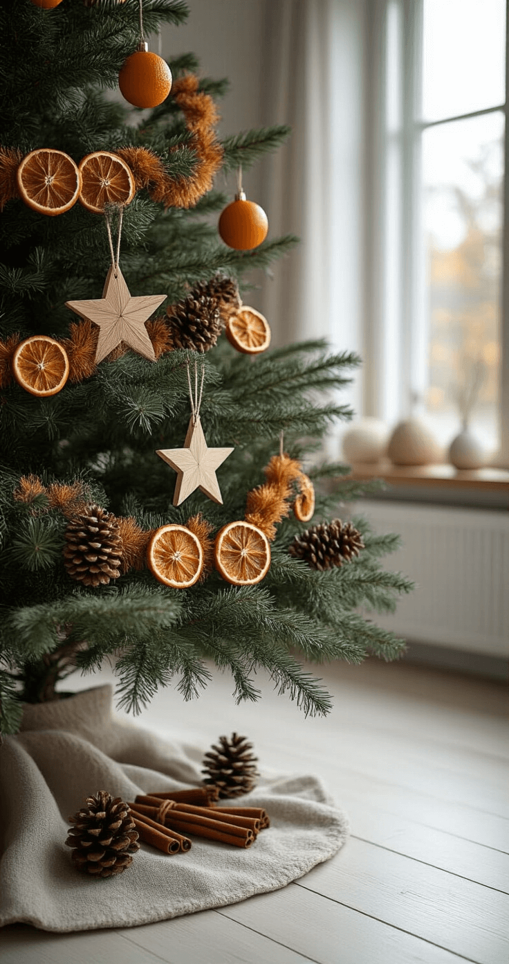 The Minimalist Christmas Tree That Will Transform Your Holiday Decor (Without the Chaos) Close-up of a cozy Scandinavian-style living room adorned with natural Christmas decorations, featuring a decorated tree with dried orange slices, wooden stars, cinnamon sticks, and pine cones. Soft light filters through north-facing windows, illuminating white-washed wood floors and pale gray walls. The scene embodies a hygge-inspired holiday atmosphere with minimal furniture and a simple wooden tree collar.