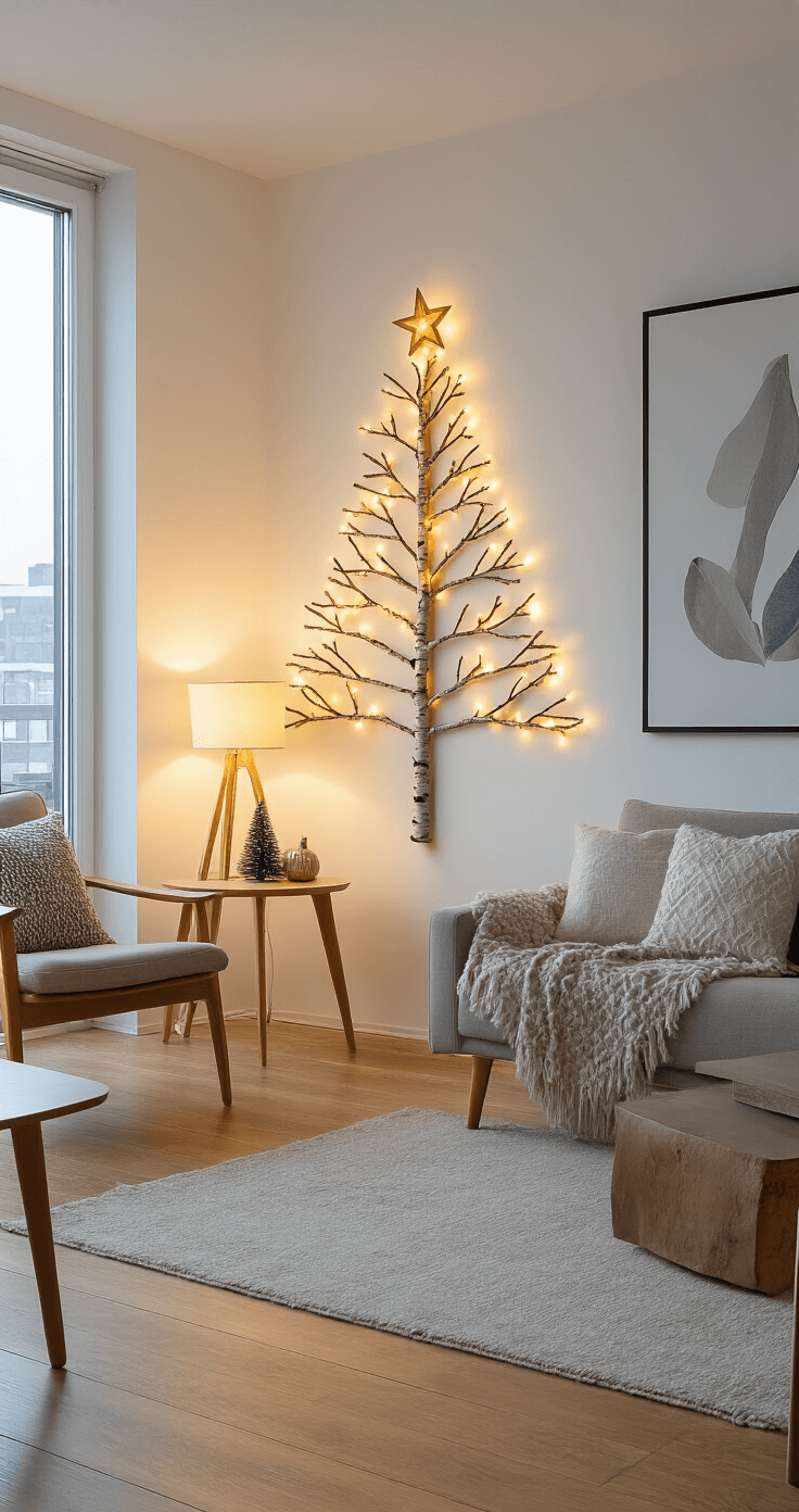The Minimalist Christmas Tree That Will Transform Your Holiday Decor (Without the Chaos) A contemporary apartment living room at evening, featuring a wall-mounted birch branch Christmas tree alternative decorated with fairy lights and paper stars, surrounded by modern mid-century furniture and soft lamp illumination.