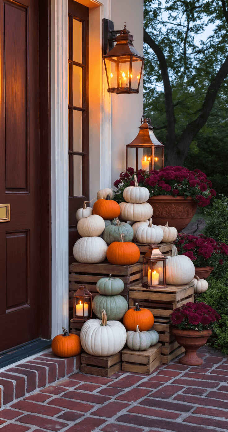 Elegant entryway at dusk featuring stacked white, orange, and sage green pumpkins on vintage wooden crates, illuminated by copper lanterns with LED candles, surrounded by cascading burgundy mums in terra cotta urns, with a weathered brick pathway leading to a mahogany front door, all enhanced by soft twilight shadows.