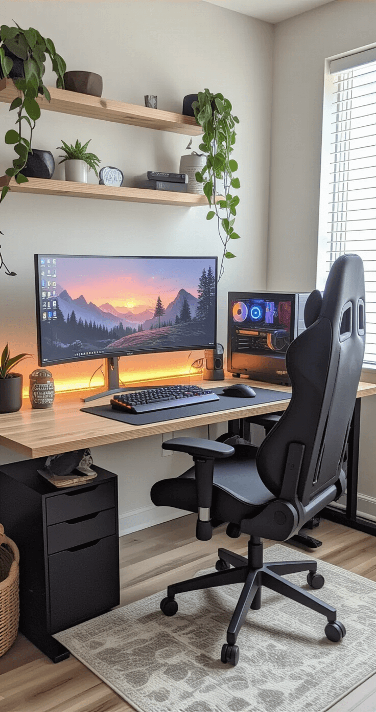 Ergonomic gaming setup featuring a monitor at eye level, a keyboard and mouse at elbow height on a floating desk, an adjustable footrest, integrated storage, and a clutter-free snack station, all bathed in natural afternoon light with ambient fixtures, showcasing optimal user positioning and comfort.