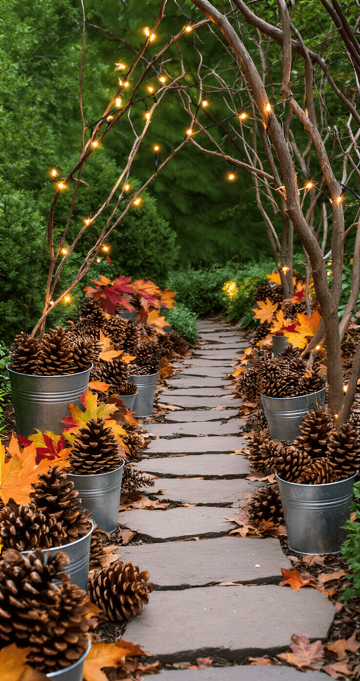 Low-angle view of a garden walkway featuring clusters of pinecones, fallen amber and crimson maple leaves, and twisted branches in galvanized buckets, illuminated by solar string lights. The flagstone path winds between natural displays, highlighting the texture contrasts of smooth stones, rough bark, and delicate leaf patterns under warm golden lighting against a deep forest green backdrop.