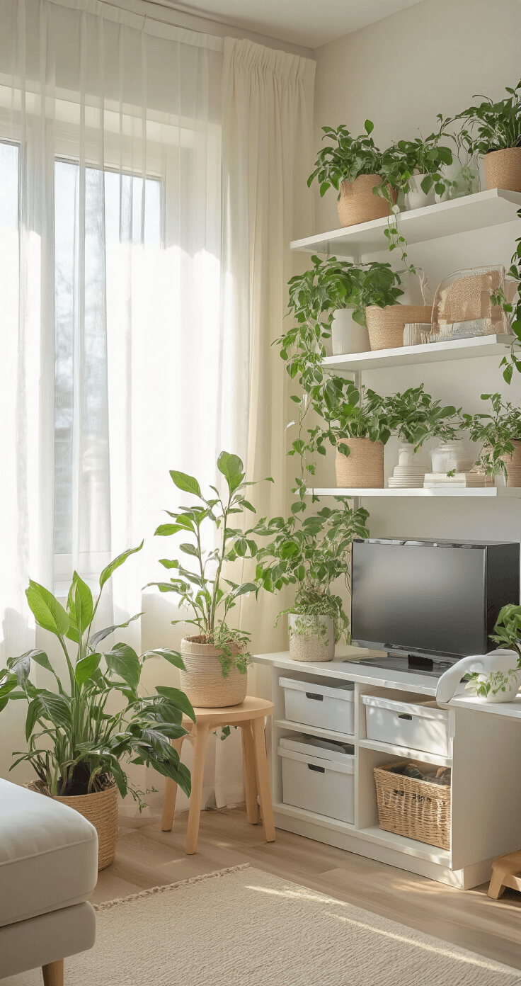 A bright and airy gaming corner featuring pastel-colored decor and fresh potted plants, enhanced by sheer curtains that maximize natural light. Spring-themed collectibles are prominently displayed on organized shelves, creating a clean and functional space. The ambiance is uplifting with soft color temperature adjustments and a mix of morning light and artificial lighting, showcasing a seasonal refresh.