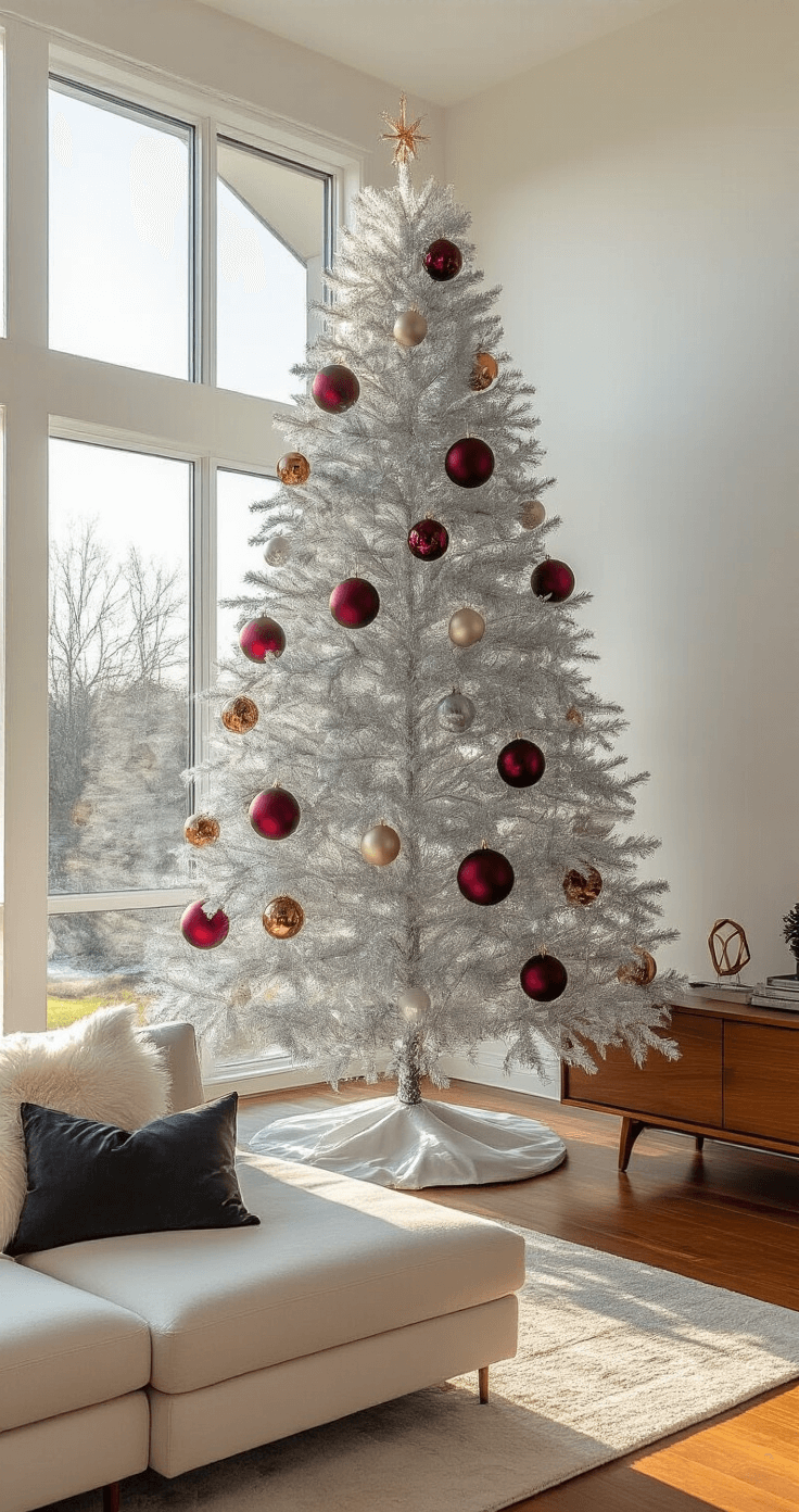 A modern living room featuring a 5-foot silver aluminum Christmas tree with oversized burgundy and cream baubles, set against a white wall, complemented by a cream sectional sofa, and bathed in warm golden hour light.