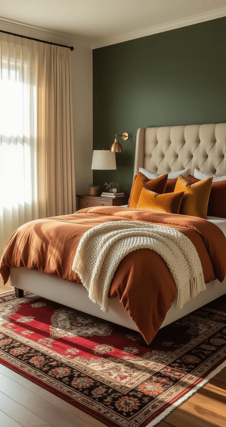 Wide-angle shot of a cozy master bedroom with a king-size bed featuring rust-colored linens and textured pillows, illuminated by golden hour sunlight through sheer curtains, complemented by dark walnut nightstands and a deep burgundy Persian rug, creating an inviting autumn atmosphere.