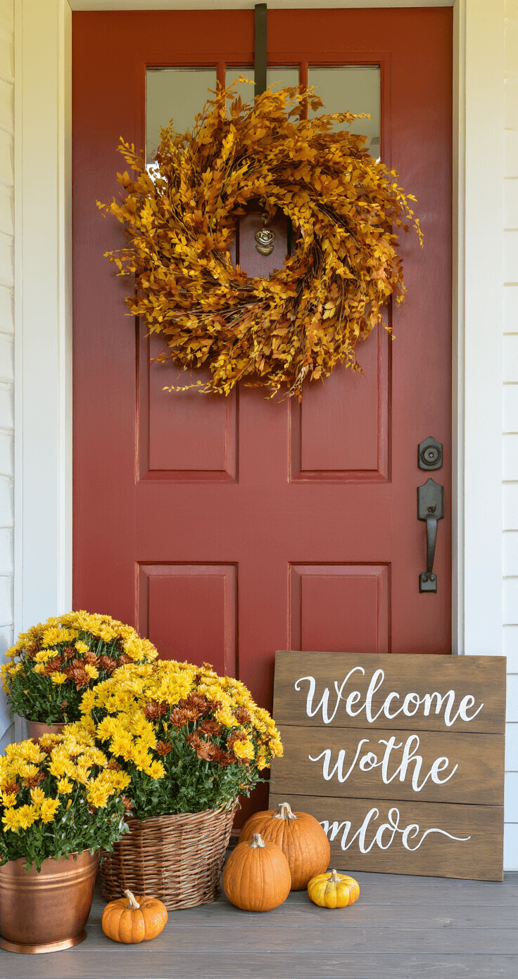 Intimate morning scene on a porch featuring a barn red door adorned with a handmade fall wreath, flanked by copper planters overflowing with bronze and yellow chrysanthemums. A wooden welcome sign leans against a wicker basket filled with mini pumpkins, while natural light bathes the painted wood flooring, highlighting cozy details and seasonal charm.