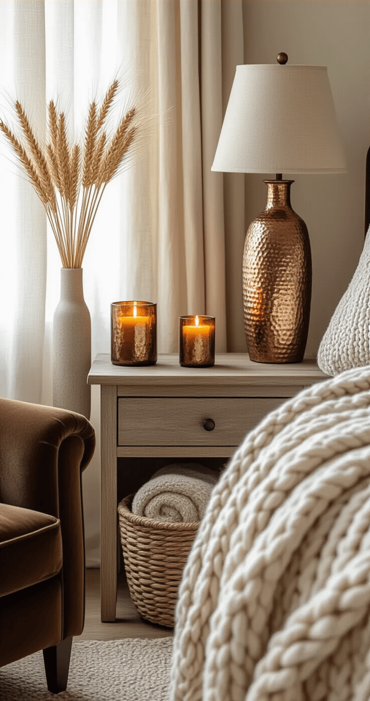 Close-up interior shot of a bedroom corner showcasing a weathered wood nightstand with a hammered copper lamp, flickering LED candles, and a chunky cable-knit throw over a chocolate brown velvet armchair. A woven seagrass basket holds rolled blankets, and dried wheat stalks are displayed in a ceramic vase. Soft afternoon light filters through linen curtains, highlighting the textural contrast of smooth and tactile surfaces in a warm, sophisticated color palette of cream, caramel, and deep brown.