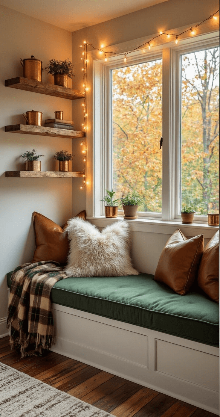 Cozy bedroom reading nook featuring a built-in window seat with deep green cushions and faux fur pillows, surrounded by warm string lights, reclaimed wood shelves with copper accents, and a plaid throw, all set on distressed hardwood floors in a warm, inviting autumn atmosphere.
