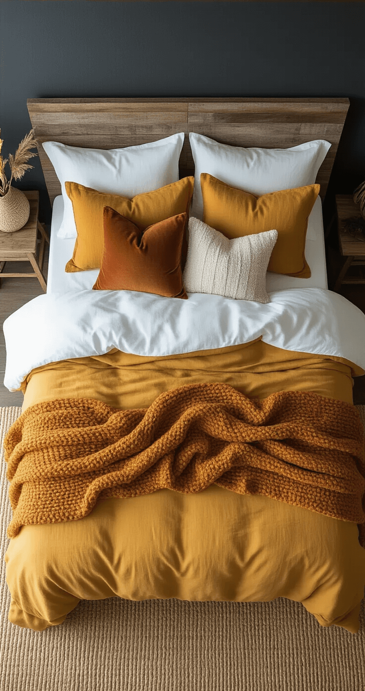 Overhead view of a queen bed with white cotton sheets and a mustard yellow linen duvet partially pulled back, featuring a burnt orange chunky knit throw at the foot, five mismatched autumn-colored pillows, and a reclaimed wood headboard against a charcoal wall, set on a jute rug with warm morning light, showcasing a cozy and lived-in aesthetic.