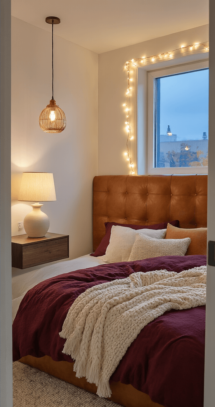 A cozy small bedroom with warm lighting features white walls, a full-size bed with a cognac leather headboard, ceramic and copper pendant lamps, and string lights around the window. Rich textiles include a wine-colored duvet and cream throw. Dark walnut floating nightstand shelves complement the intimate atmosphere against an evening blue hour backdrop.