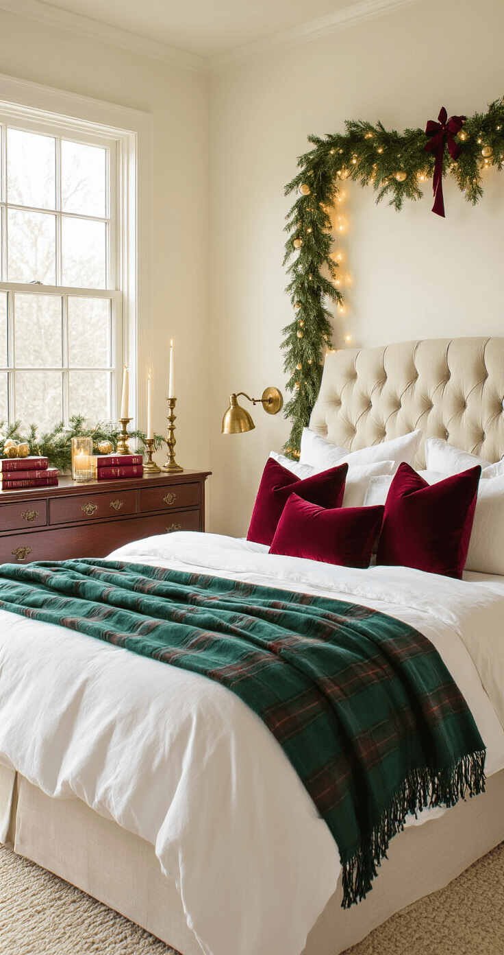 A wide-angle shot of a spacious master bedroom filled with golden morning light, featuring white-framed windows, velvet throw pillows, an emerald green plaid blanket, antique brass fairy lights, a mahogany dresser with vintage books and candles, and festive garland, all conveying a romantic Christmas sophistication.