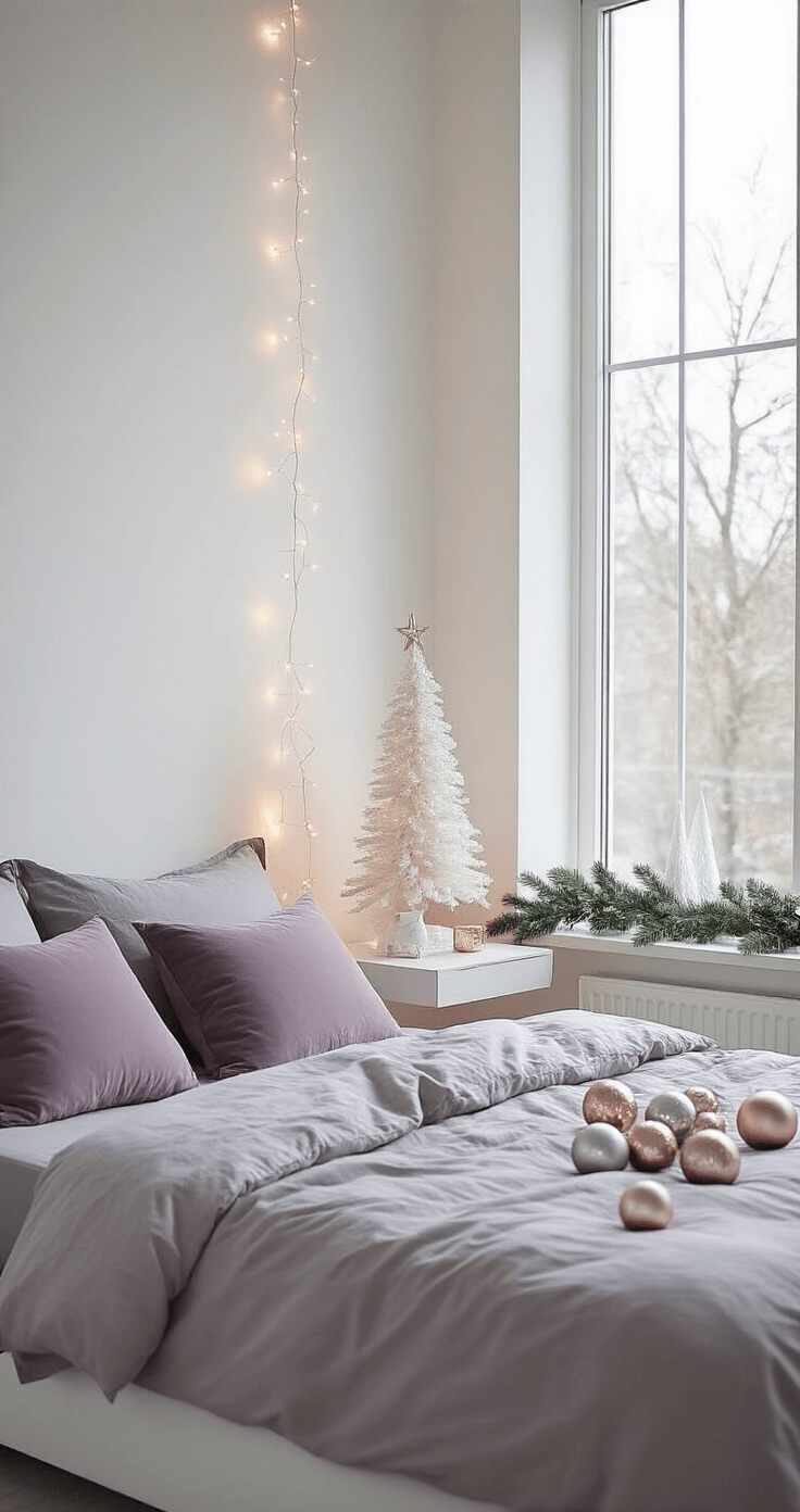 Minimalist bedroom featuring floor-to-ceiling windows, dove gray linens with dusty lavender pillows on a platform bed, and rose gold fairy lights. A floating nightstand holds a white ceramic Christmas tree and pewter candles, with a clear glass bowl of pale silver ornaments. An eucalyptus garland traces the window frame, creating a serene and peaceful atmosphere.