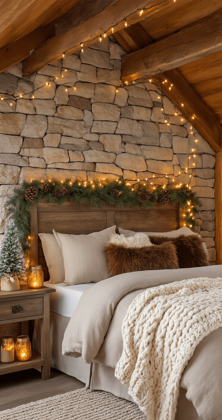 Cozy cabin bedroom with exposed wood beams, stone accent wall, cream cable-knit throw on rustic linen bedding, faux fur pillows, amber string lights, pine bough garland, weathered oak nightstand with candles and a burlap-wrapped evergreen, and copper fairy lights in mason jars, all creating a warm, festive atmosphere.