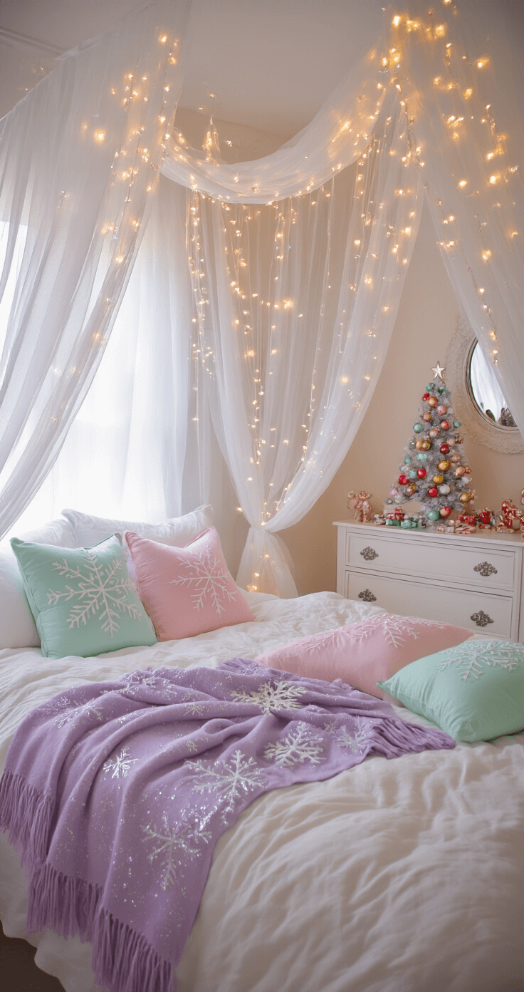 Whimsical child's bedroom adorned with pastel-colored Christmas decor, featuring soft afternoon light, a vintage dresser with a tabletop Christmas tree, and a playful canopy of fairy lights, creating an enchanted holiday atmosphere.
