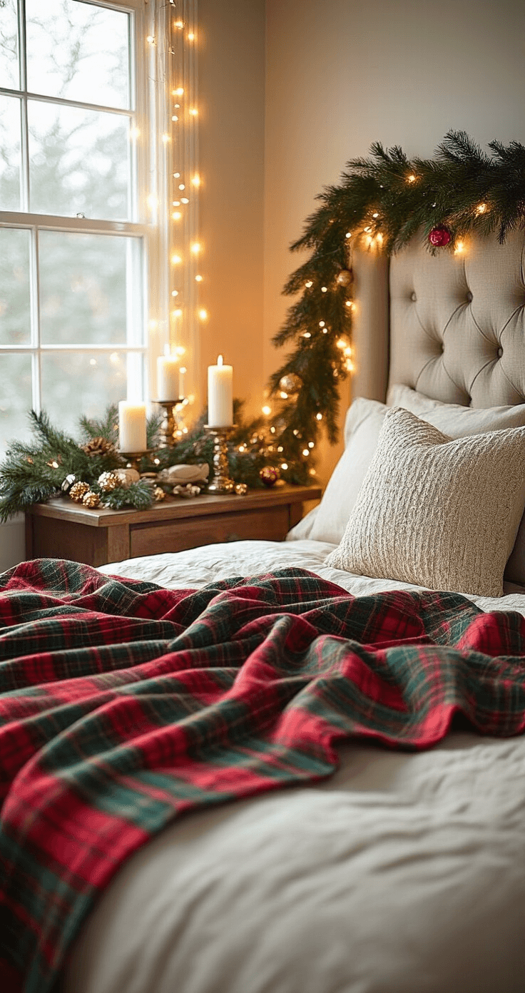 Cozy bedroom corner decorated for the holidays, featuring fairy lights being strung around an upholstered headboard and a half-folded tartan throw blanket. Fresh evergreen garland and unlit pillar candles on the nightstand, with warm natural light creating inviting shadows.