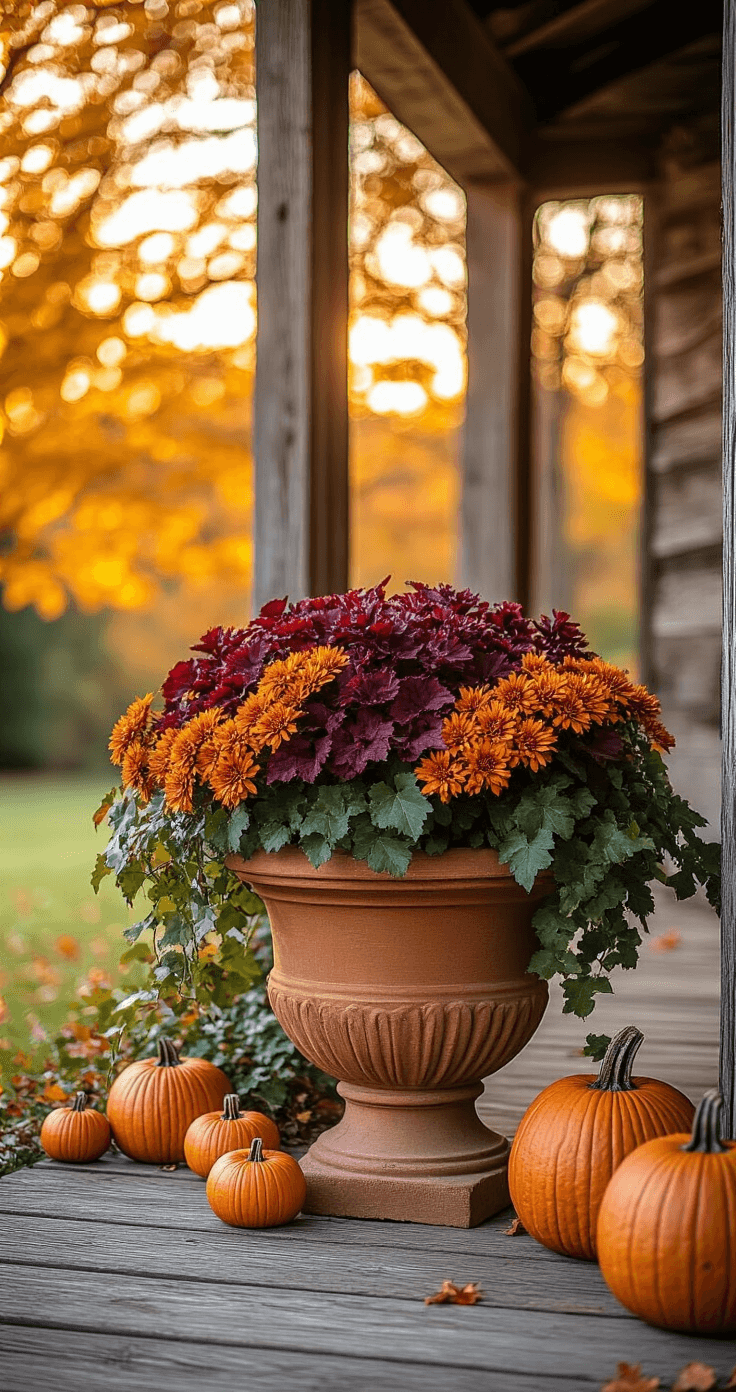 Wide-angle shot of a rustic wooden front porch during golden hour, featuring a large terracotta urn filled with burgundy ornamental kale, orange chrysanthemums, and trailing ivy, surrounded by scattered mini pumpkins and warm autumn lighting filtering through trees.