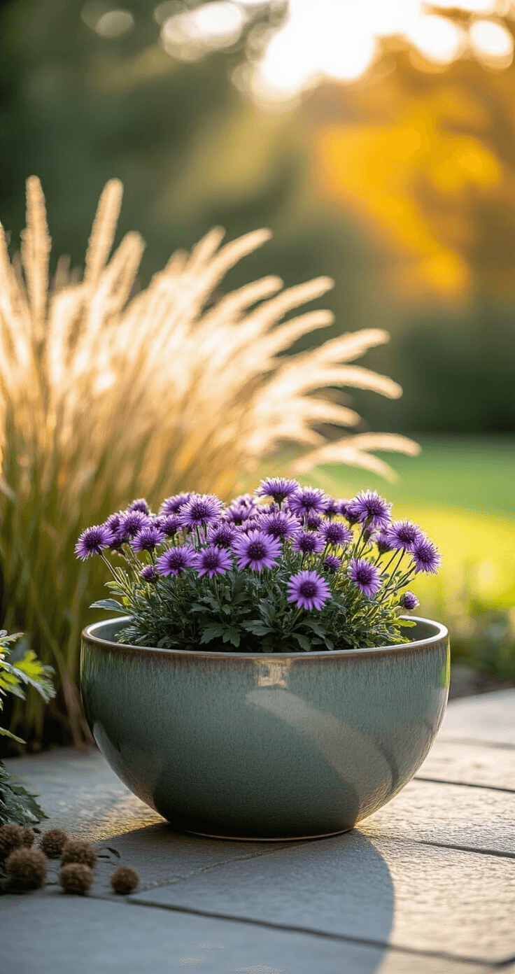 An eye-level view of an elegant ceramic bowl planter on a stone patio, featuring ornamental grasses and purple asters, surrounded by textured natural stone surfaces, dried seed pods, and bathed in soft morning light, evoking a cozy autumn atmosphere.